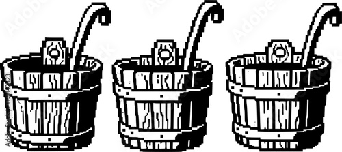 Pixel art and monochrome wooden buckets with metal ladles
