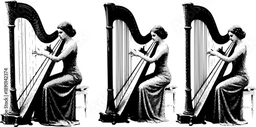 Vintage halftone harp trio illustration in black and white
