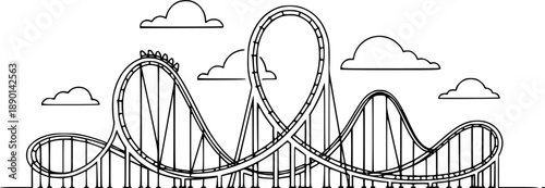Minimalist black and white roller coaster line art with clouds. No editable strokes
