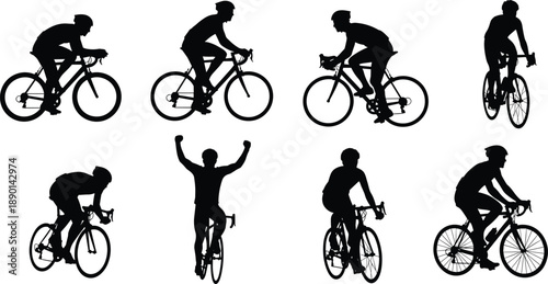Cyclist silhouettes riding road bicycles in different racing positions, showing speed, endurance, and victory celebration isolated on white background for cycling sport and fitness concepts