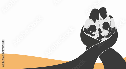 Family silhouette illustration of mother, father, and two children, embraced by flowing dark ribbon. This represents unity, love, support, and family bond.