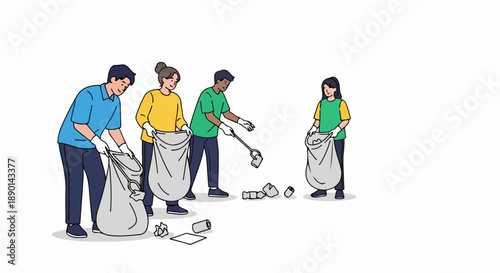 Group of people collecting trash and litter with bags and grabber tool, concept of environmental protection, community service, and volunteer work for a cleaner planet.