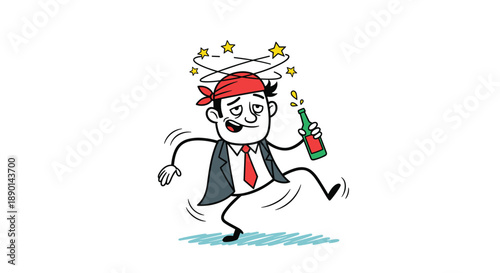 Cartoon businessman feeling dizzy and stumbling with yellow stars rotating around his head while holding a green glass bottle on a white background.