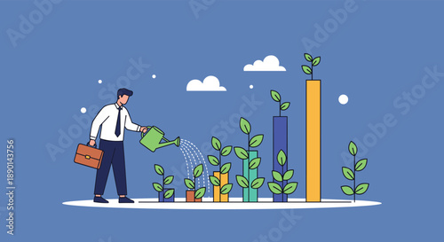 Businessman watering green plants growing out of a colorful bar chart, representing sustainable growth and nurtured long-term financial investments.