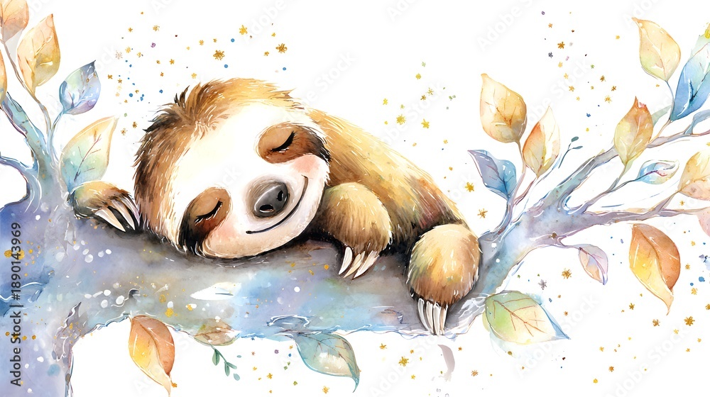 Fototapeta premium Watercolor Illustration Cute Baby Sloth Sleeping on Tree Branch Watercolor Illustration. Whimsical Nursery Art and Wildlife Concept. Sleeping sloth on a tree branch with a celestial pastel background.