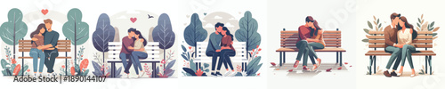 vector of a couple hugging on a park bench