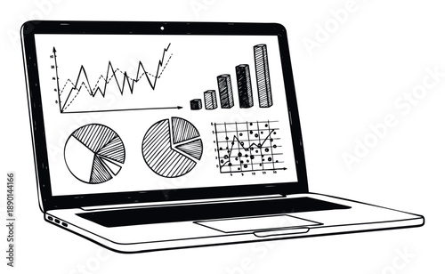 Monochrome laptop illustrating various hand drawn financial data visualizations like evolving line graphs, detailed bar charts, and segmented pie charts, useful for business analytics