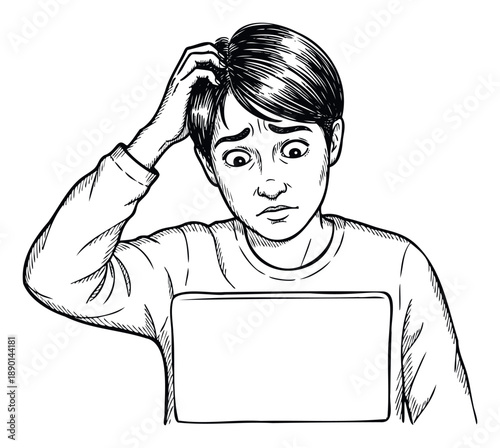 Young person looking confused and scratching their head while using a laptop, suitable for depicting technical difficulties or stressful online work situations.