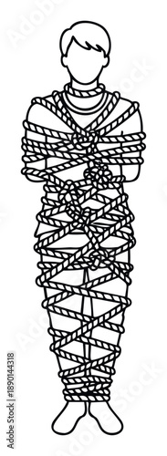 An outlined human body wrapped entirely in a complex pattern of ropes conveying feelings of entrapment and limitation suitable for symbolic graphic material.