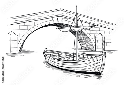Traditional wooden boat navigating under an ancient stone arch bridge, perfect for historical travel publications or serene waterway themed projects.