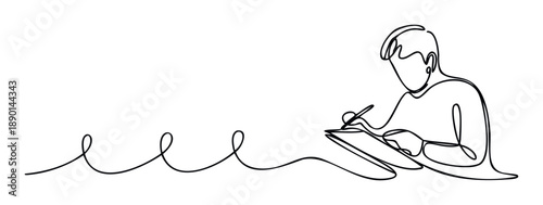 Dynamic single line drawing of an individual focused on writing or studying, creating a fluid visual for educational materials or modern communication applications.