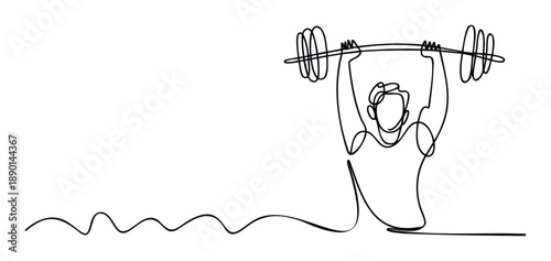Continuous line drawing depicting an individual engaging in weightlifting exercise, raising a barbell overhead, suitable for fitness and sports promotional materials or health and wellness