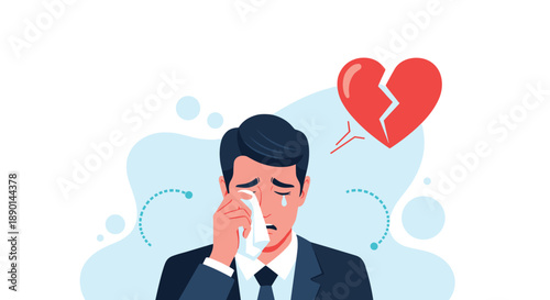 Sad businessman in a suit wipes away tears while a red broken heart symbol floats next to him representing personal loss or failure.
