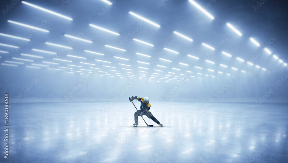 Fototapeta premium Dynamic artwork ice hockey player shooting puck on empty rink under bright arena lights. Concept of professional training, power shot technique, sports advertising, athlete performance and motivation.