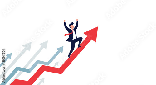 Happy businessman in a suit raises his arms in victory while running up a large red rising arrow symbolizing fast business success.