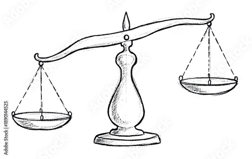 A hand drawn antique weighing scale with one pan visibly lower than the other symbolizing justice, fairness, or an inherent imbalance of power for legal and ethical applications