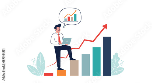 Businessman in a white shirt and red tie works on a laptop while standing on a bar chart stairs with a rising arrow and thought bubble.