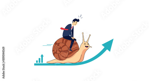 Frustrated businessman in a suit sits on a snail moving up a blue arrow representing slow but steady progress towards goals.