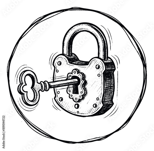Hand drawn style padlock and key opening security system icon or symbol illustration useful for privacy data protection and access control concepts.