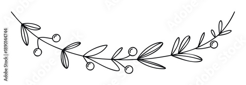 Graceful botanical branch with delicate leaves and round berries depicted in a minimalist linear style suitable for framing borders, event invitations, and seasonal decorations