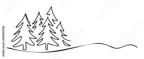 Minimalist continuous line drawing portraying a cluster of stylized evergreen trees on a subtle curved ground, excellent for serene nature backgrounds, winter holiday celebrations, or
