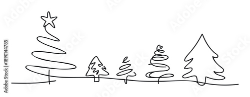 Continuous line drawing of Christmas trees with a star, perfect for holiday greeting decorations, seasonal festive designs, and winter event promotions.
