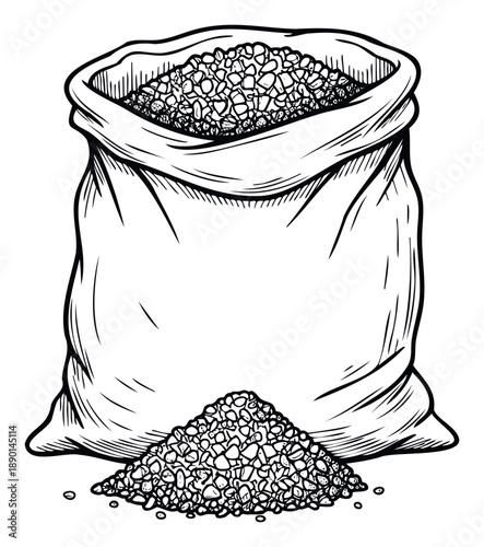 Open burlap sack filled with small rough pebbles and gravel spilling onto a surface, suitable for agriculture, landscaping, or construction related projects and presentations.