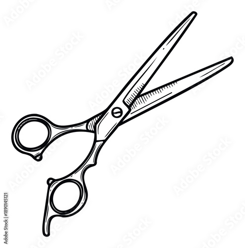 Professional hairdressing scissors with a thinning blade depicted in an open position, ideal for barbershop decor, salon branding, and hair styling related content