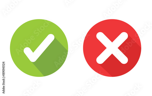 Check and cross icon set. Approval and rejection symbols. Success and error status buttons. Flat circular UI icons. Vector illustration.