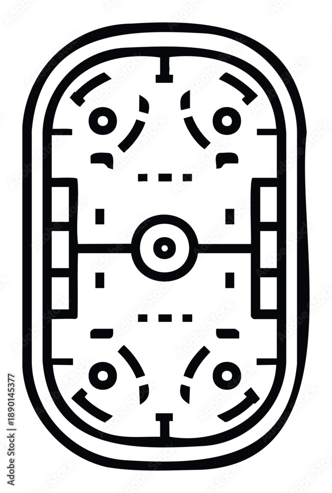 Obraz premium Black outline icon of an ice hockey rink or sports court with goal areas and center faceoff dot, ideal for sports apps, game interfaces, or athletic event schedules.