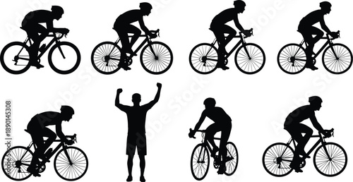 Silhouettes of cyclists riding road bicycles showing racing, training, speed, endurance, and victory poses isolated on white background for cycling sport and fitness concept