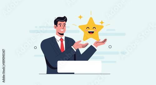 Happy businessman presenting a glowing five-star character with a cheerful smile, symbolizing high customer satisfaction and quality service success.