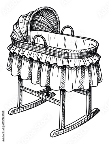 Hand drawn vintage style baby bassinet on a rocking stand for nursery decorations, baby shower themes, and new parent childcare informational resources