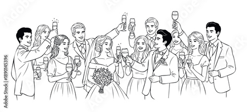 A celebratory gathering of joyful men and women, including a bride and groom, toasting with glasses at a special event or festive party, suitable for invitations and event promotions
