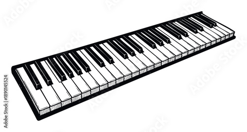 A classic handdrawn black and white illustration of a piano keyboard providing an evocative visual for music education materials, concert flyers, or musical instrument store advertisements.