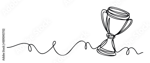 Continuous line drawing of a stylized trophy cup connected by a wavy abstract line, symbolizing victory and success, perfect for sports event promotions or achievement recognition materials.