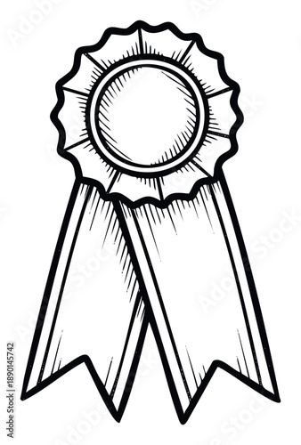 A vintage style monochrome rosette award ribbon graphic symbolizing first place success and achievement is perfect for certificates, prizes, labels, and event decorations.