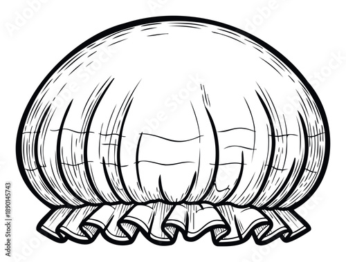 Black and white drawing of a gathered shower cap with a ruffled edge, perfect for showcasing hygiene products or bathroom accessories in a vintage style.