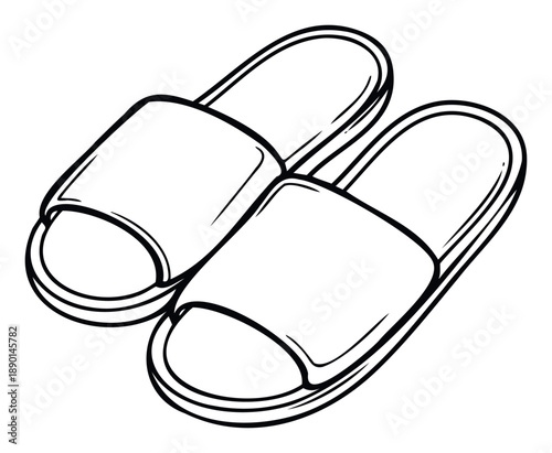 Outline drawing of a comfortable pair of slippers for home use, suitable for sleepwear promotions, casual footwear advertising, or domestic lifestyle content.