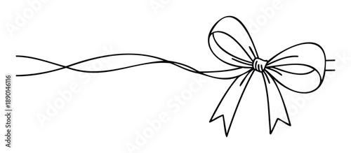 A simple black outline drawing of a decorative bow with a flowing ribbon is perfect for gifting projects, holiday decorations, or special event invitations and design embellishments.