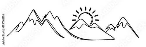 Minimalist hand drawn mountain range with a shining sun peeking over the peaks perfect for nature themed outdoor adventure vacation travel or camping graphic projects