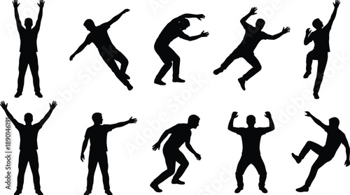 Silhouettes of people jumping and dancing in energetic poses showing movement, freedom, and expression isolated on white background for sport, fitness, lifestyle, and creative design concepts