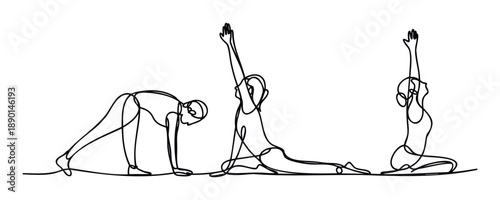 Continuous line drawing depicting various yoga postures and stretching exercises for wellness and mindfulness applications or promoting healthy lifestyle concepts.