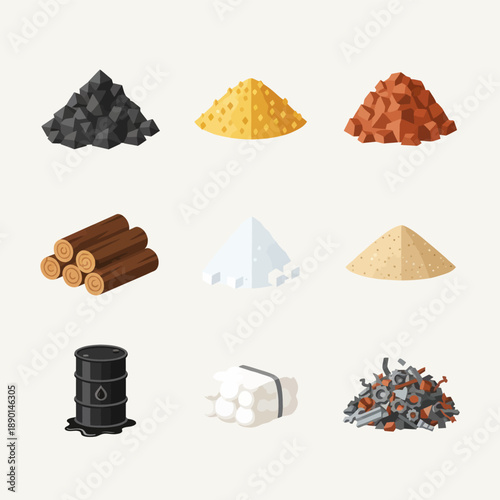 Industrial raw materials and commodities icons vector illustration