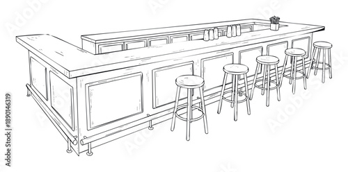Hand drawn sketch of an empty classic bar counter with multiple stools and shaker cups, perfect for restaurant branding or hospitality industry decoration.