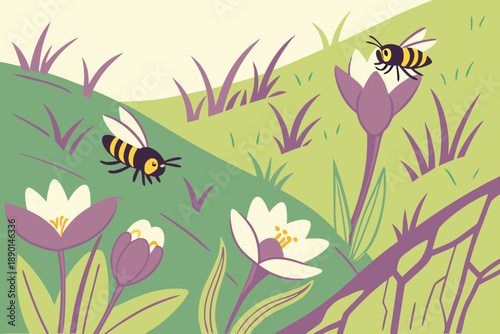 Animated bees buzzing around delicate purple and white wildflowers in a vibrant green field during spring
