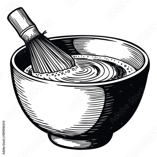 Traditional Japanese green tea preparation with a bamboo whisk mixing matcha powder in a ceramic bowl for an authentic ceremonial drink experience