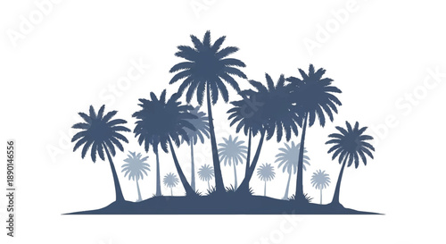 Silhouetted palm trees on a small island with varied heights and angles, a serene illustration