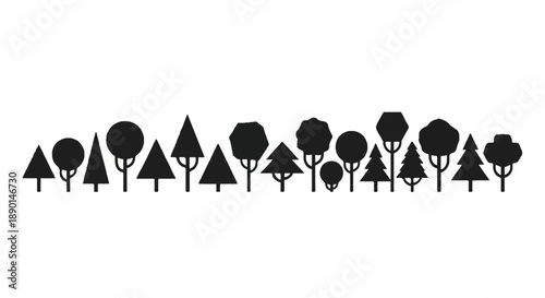 A serene landscape featuring various trees in silhouette against a neutral background from a frontal viewpoint