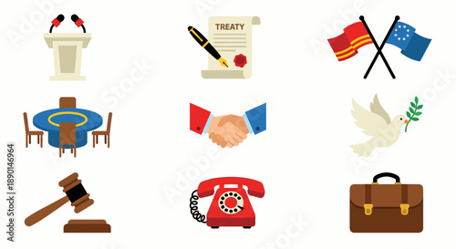 Diplomacy and international relations symbols set vector illustration